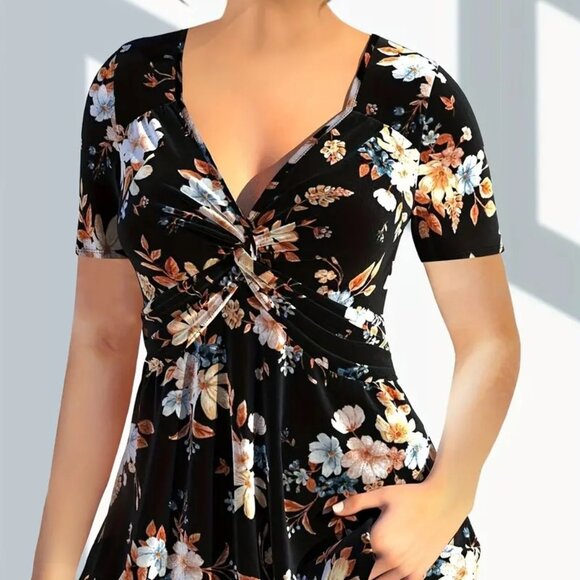 Women Plus Size Elegant Floral Print Twist Tee Summer Vacation Blouse Top 22W - Picture 2 of 10